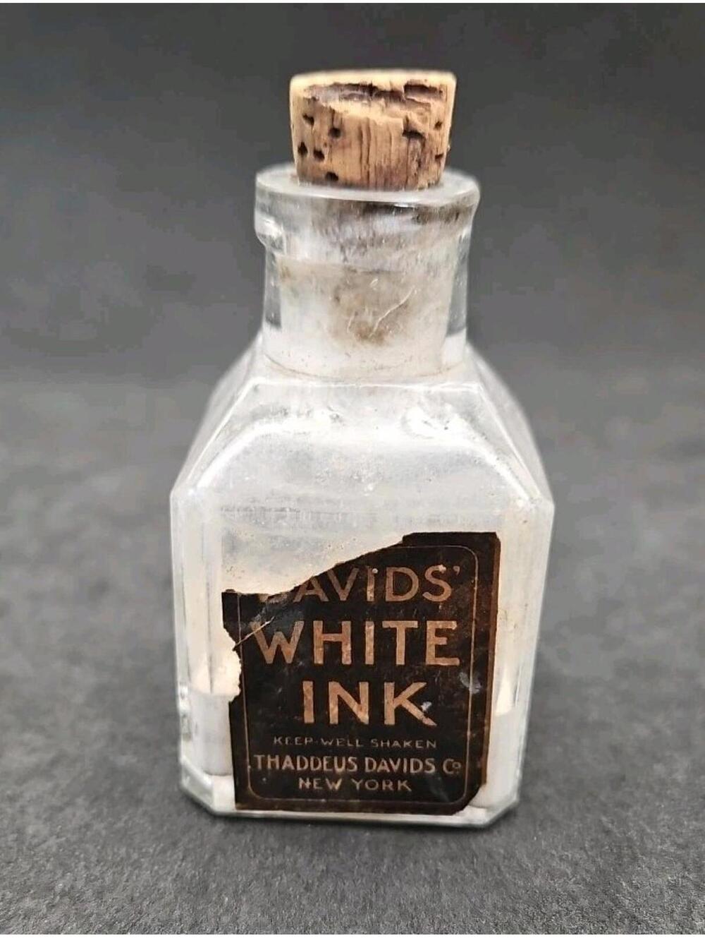 Antique Davids' White Ink Bottle c 1900 Original Paper Label & Cork New York